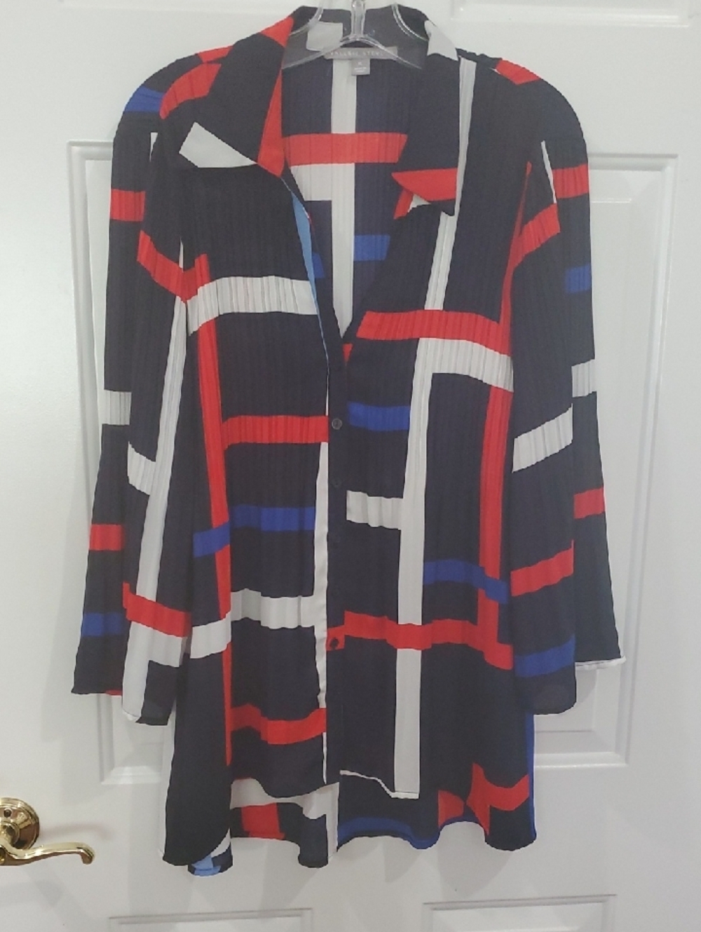 Valerie Stevens Black Tunic Shirt with Red, White & Blue Geometric Stripes